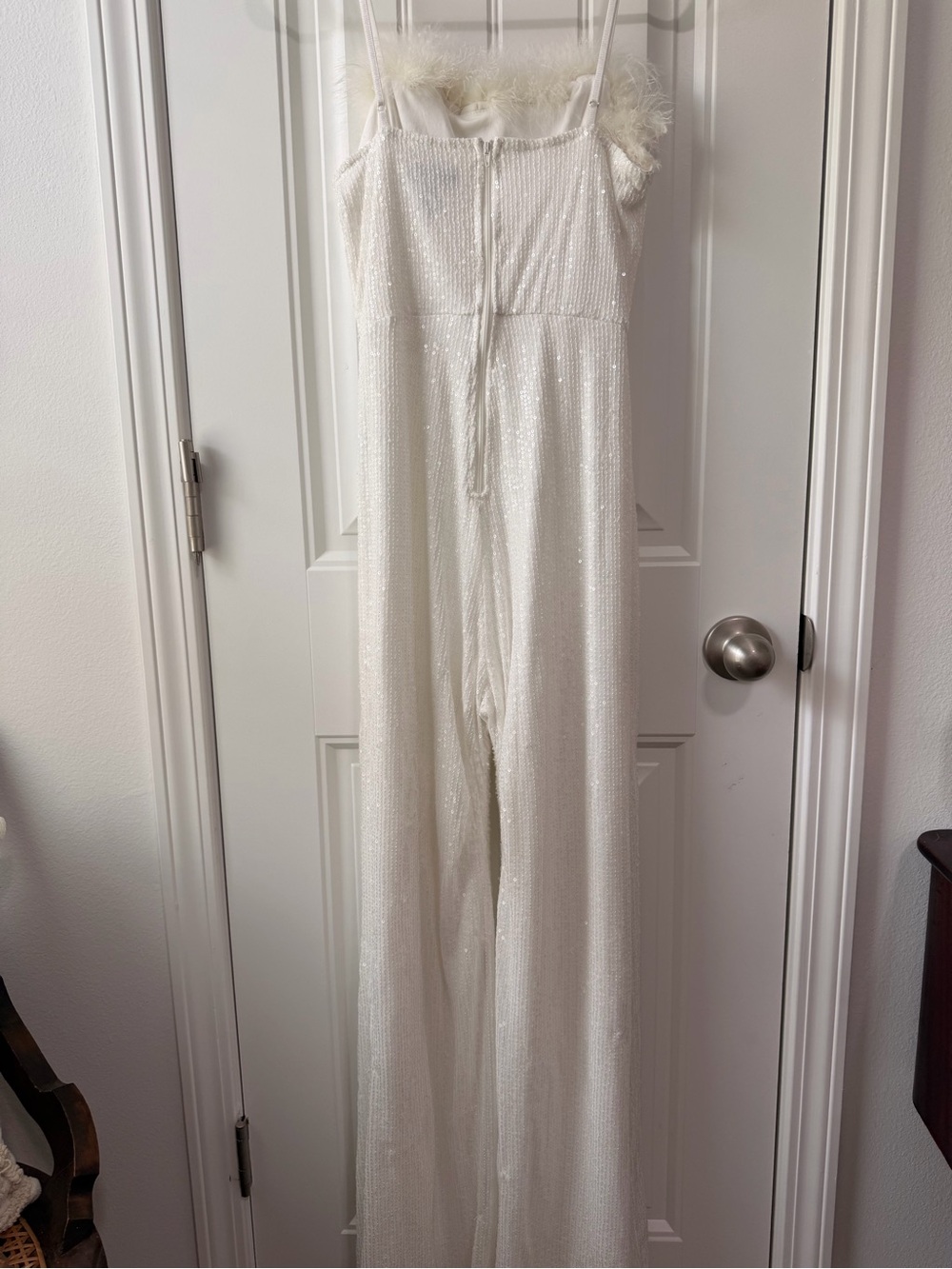 White Sequins Jumpsuit with Faux-Fur Trim - Picture 10 of 10